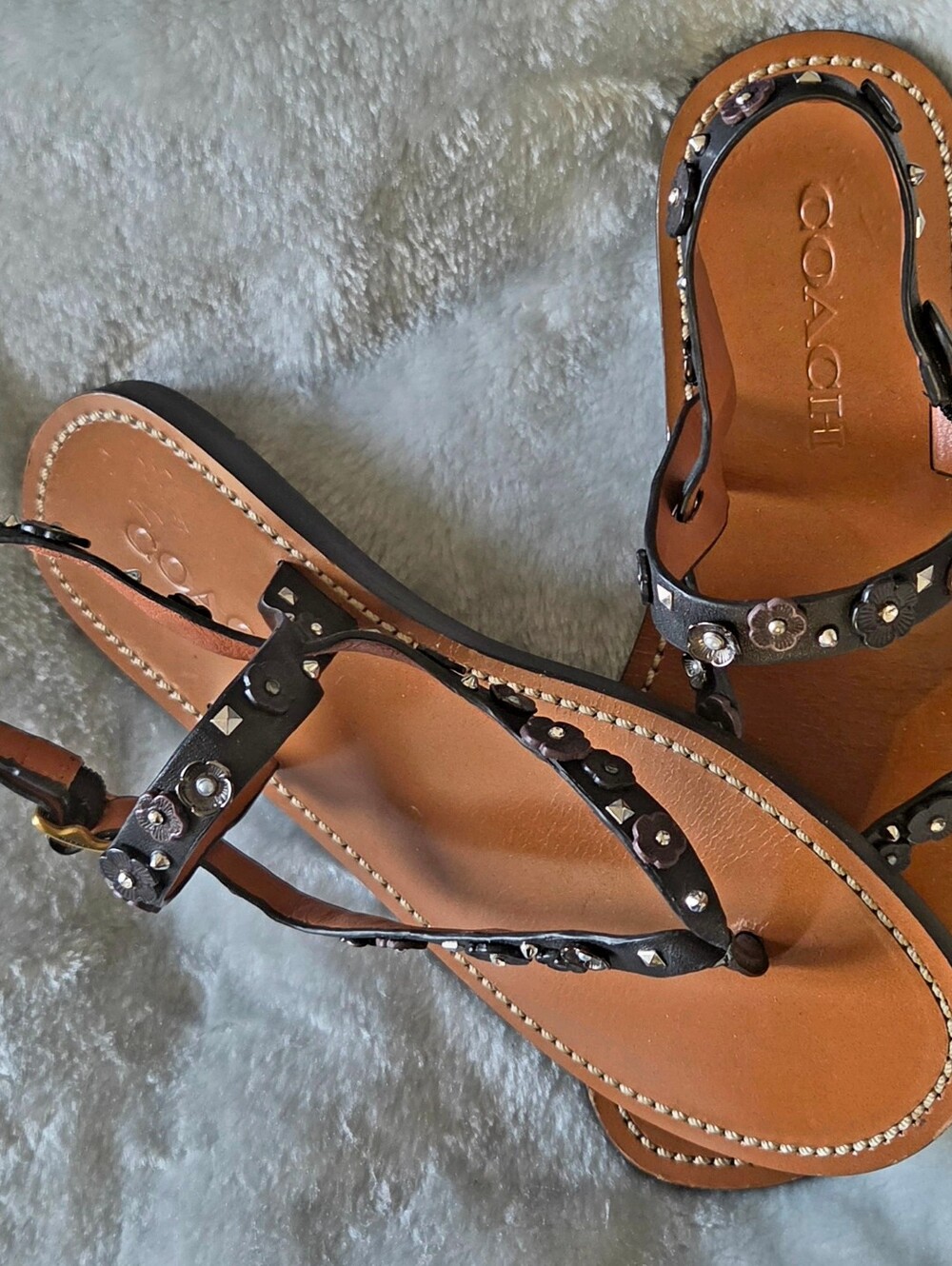 Coach Black Floral Stud Leather Slingback Sandals